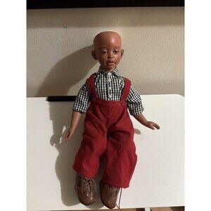 Vintage Keith J. Rubbo African American Porcelain Hobo Doll in Red Overalls